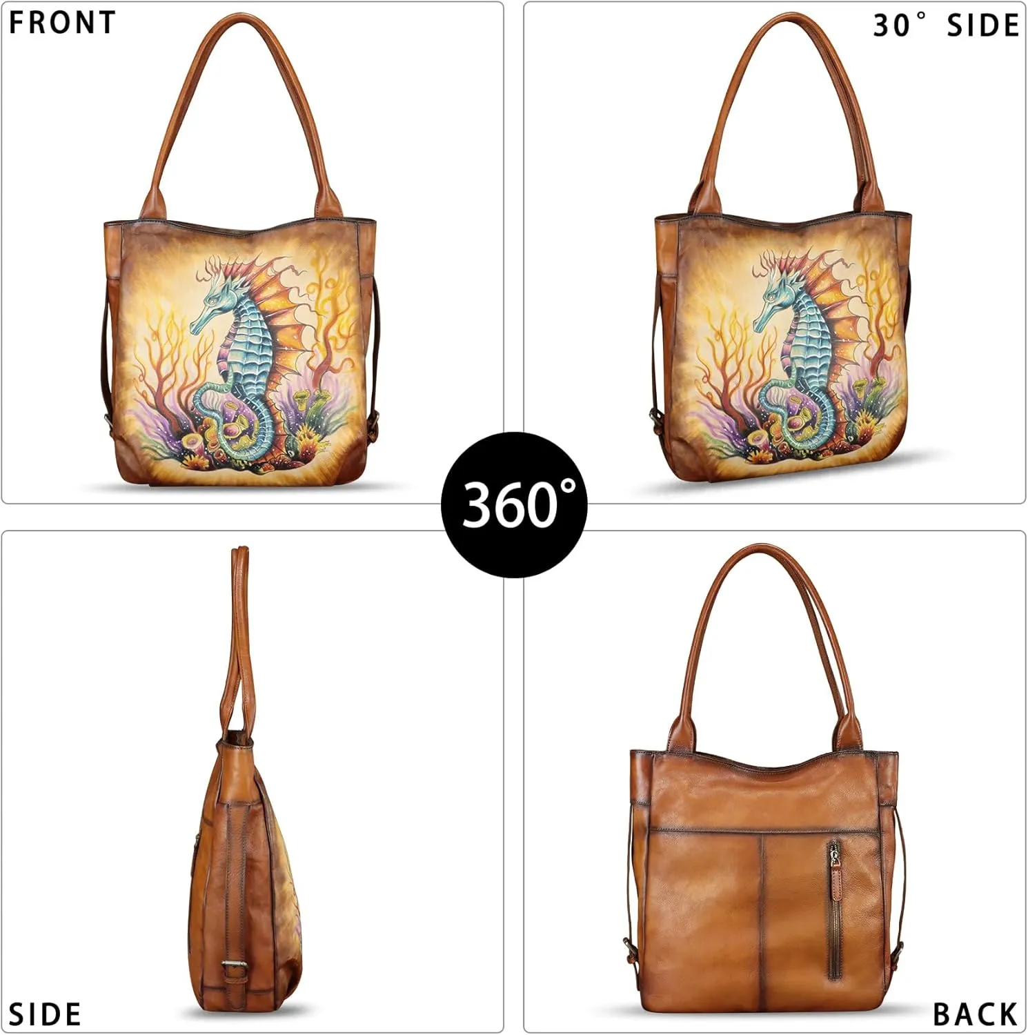 Genuine Leather Shoulder Bag for Women Hand Painted Leather Handbag Handmade Purse Work Tote Bag Casual Purse