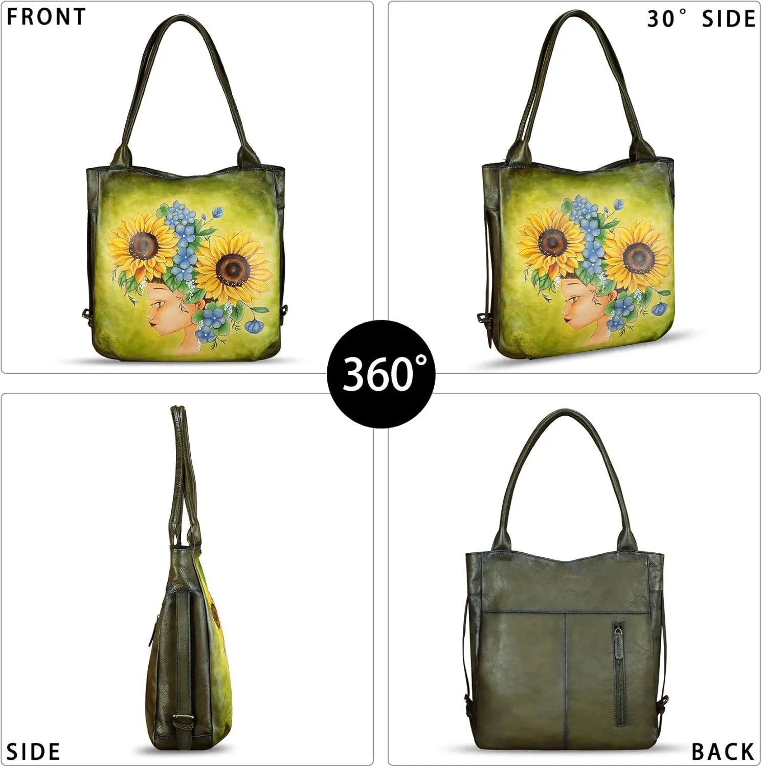Genuine Leather Shoulder Bag for Women Hand Painted Leather Handbag Handmade Purse Work Tote Bag Casual Purse