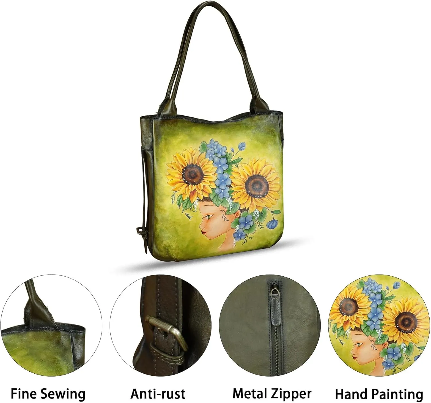 Genuine Leather Shoulder Bag for Women Hand Painted Leather Handbag Handmade Purse Work Tote Bag Casual Purse