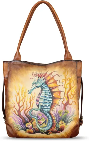 Genuine Leather Shoulder Bag for Women Hand Painted Leather Handbag Handmade Purse Work Tote Bag Casual Purse