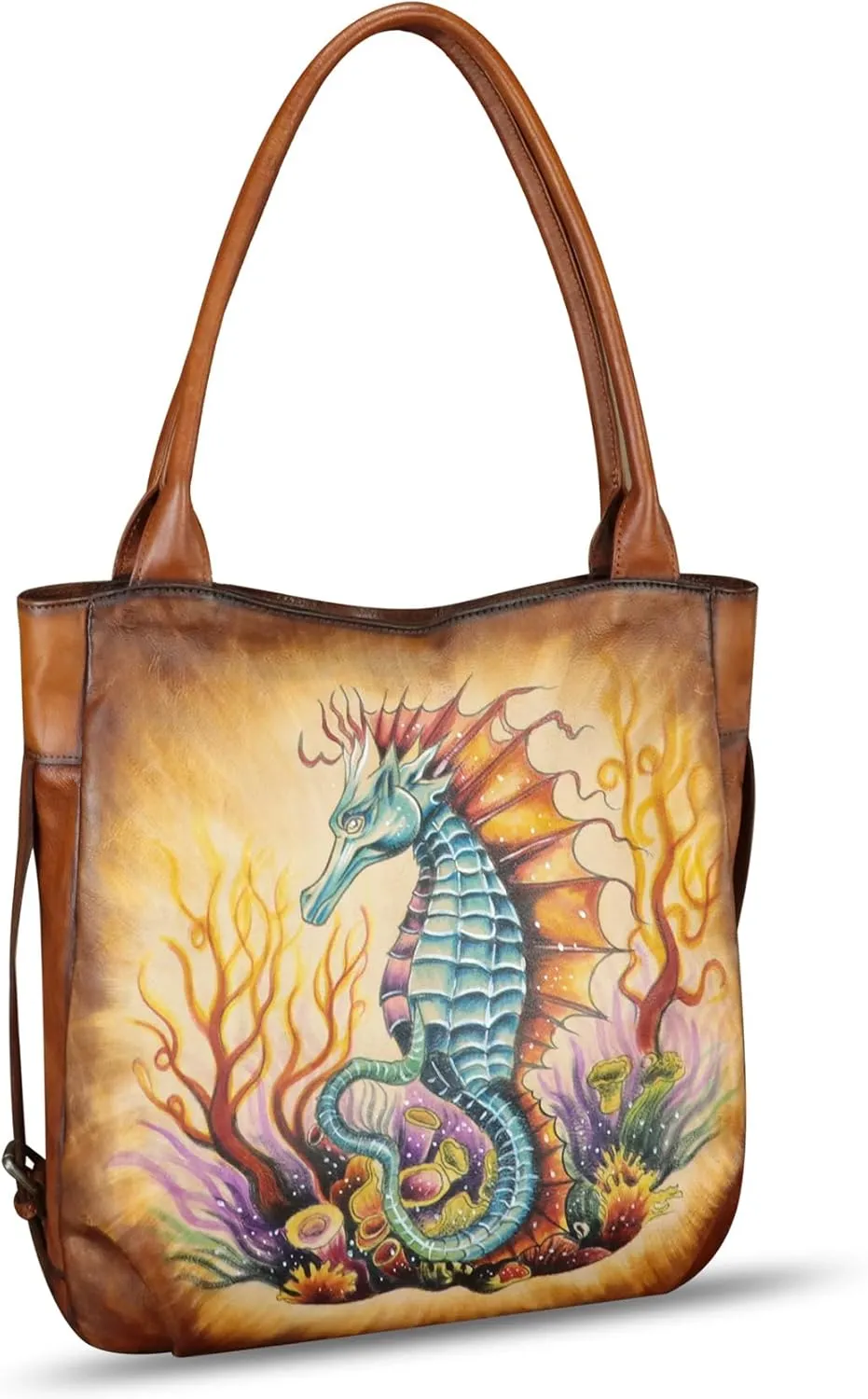 Genuine Leather Shoulder Bag for Women Hand Painted Leather Handbag Handmade Purse Work Tote Bag Casual Purse