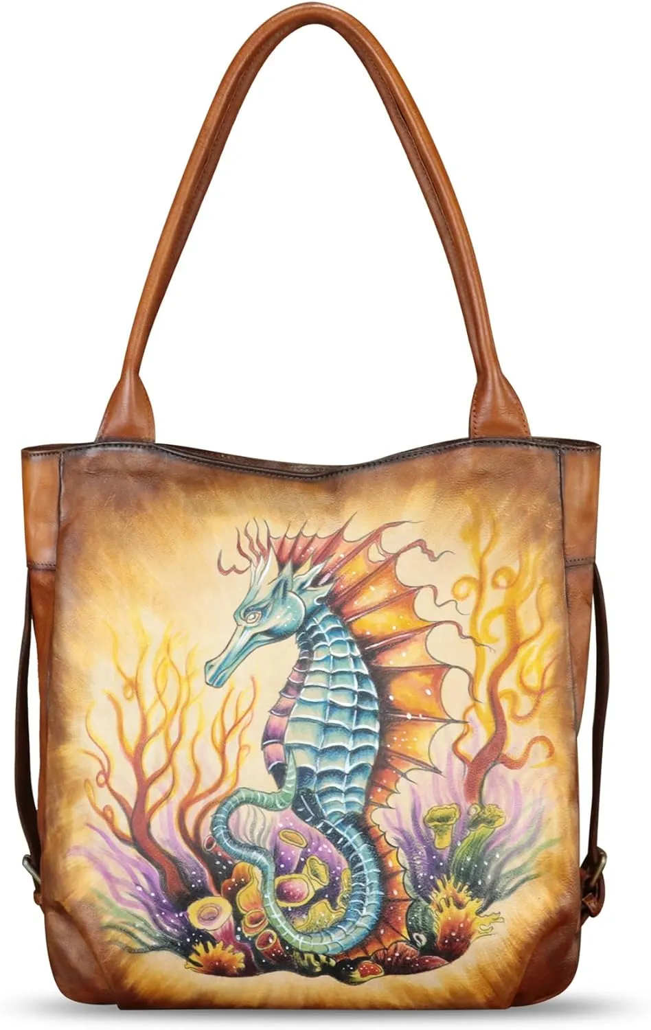 Genuine Leather Shoulder Bag for Women Hand Painted Leather Handbag Handmade Purse Work Tote Bag Casual Purse