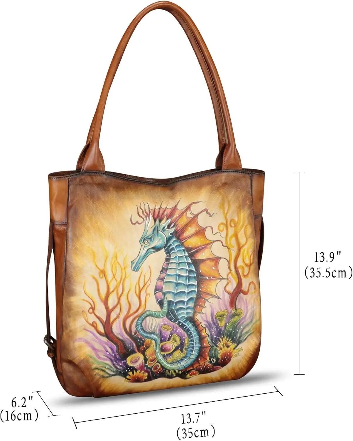 Genuine Leather Shoulder Bag for Women Hand Painted Leather Handbag Handmade Purse Work Tote Bag Casual Purse