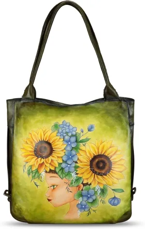 Genuine Leather Shoulder Bag for Women Hand Painted Leather Handbag Handmade Purse Work Tote Bag Casual Purse