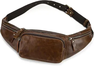 Genuine Leather Slim Waist Pack for Man & Woman, Vintage Design & 4 Zipper Pockets & Adjustable Strap, Large Capacity Fanny Pack Crossbody Belt Bag for Travel or Ride, Dark Coffee