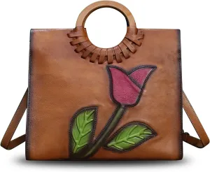 Genuine Leather Top Handle Handbag for Women Vintage Satchel Retro Cowhide Handmade Crossbody Bag Purses