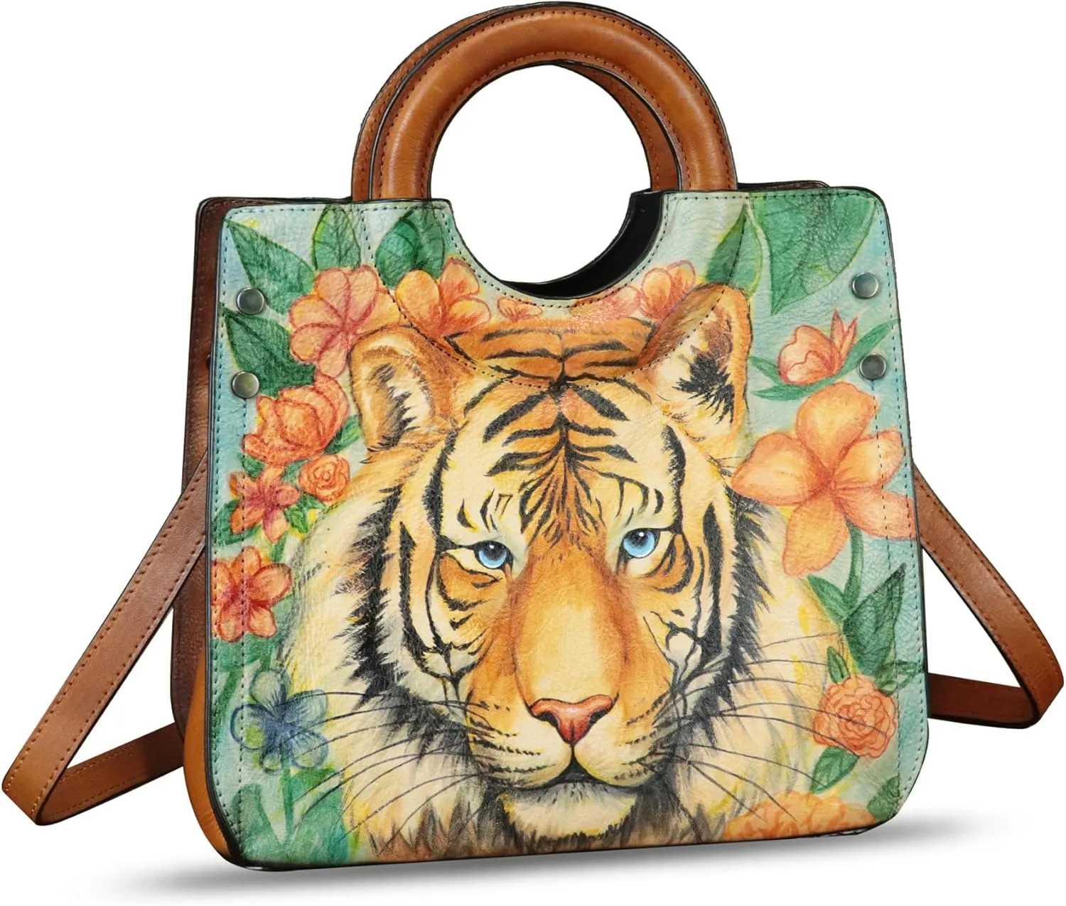 Genuine Leather Tote Bag for Women Hand Painted Leather Shoulder Handbag Handmade Purse Crossbody Work Tote Casual Purse