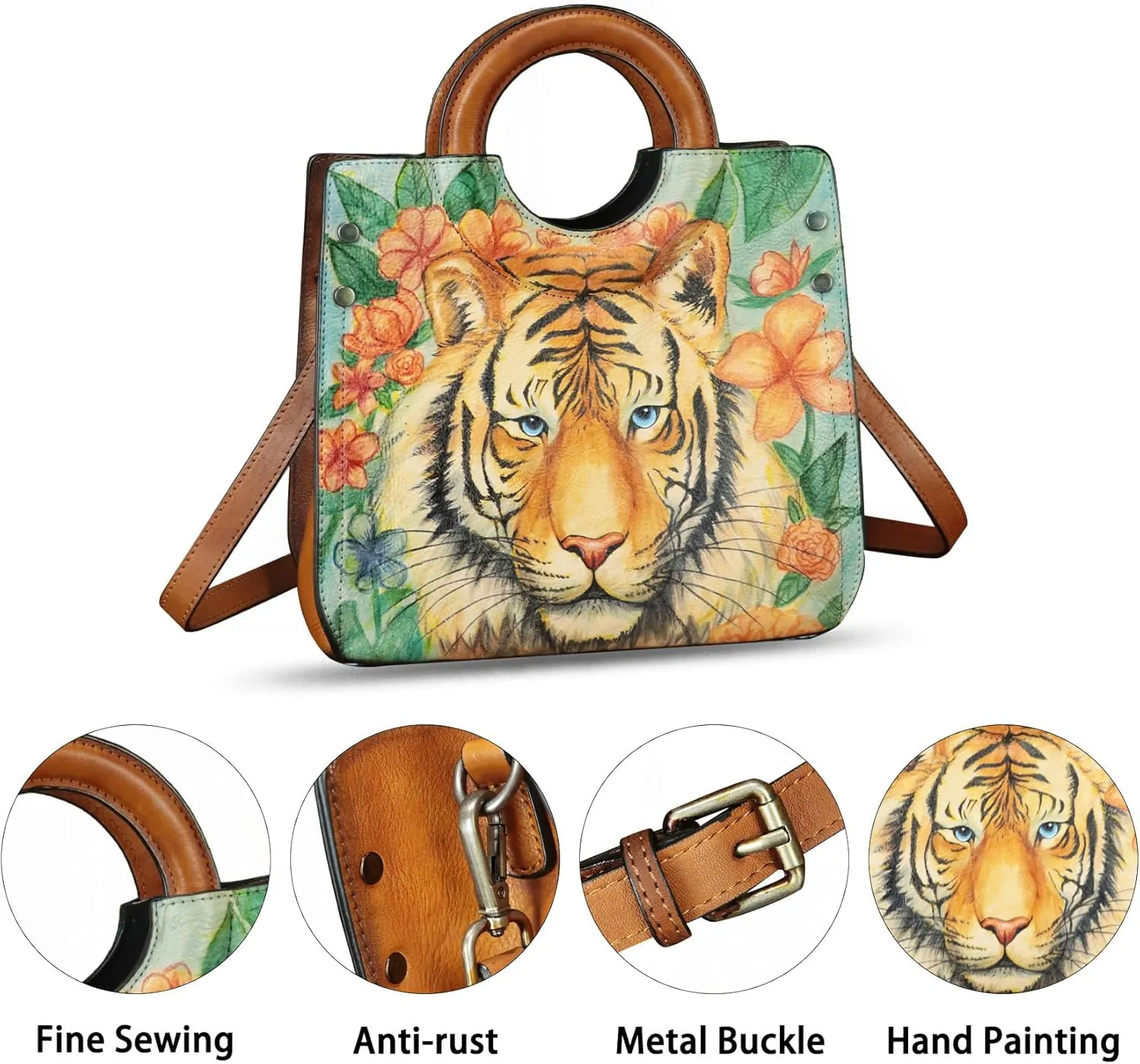 Genuine Leather Tote Bag for Women Hand Painted Leather Shoulder Handbag Handmade Purse Crossbody Work Tote Casual Purse