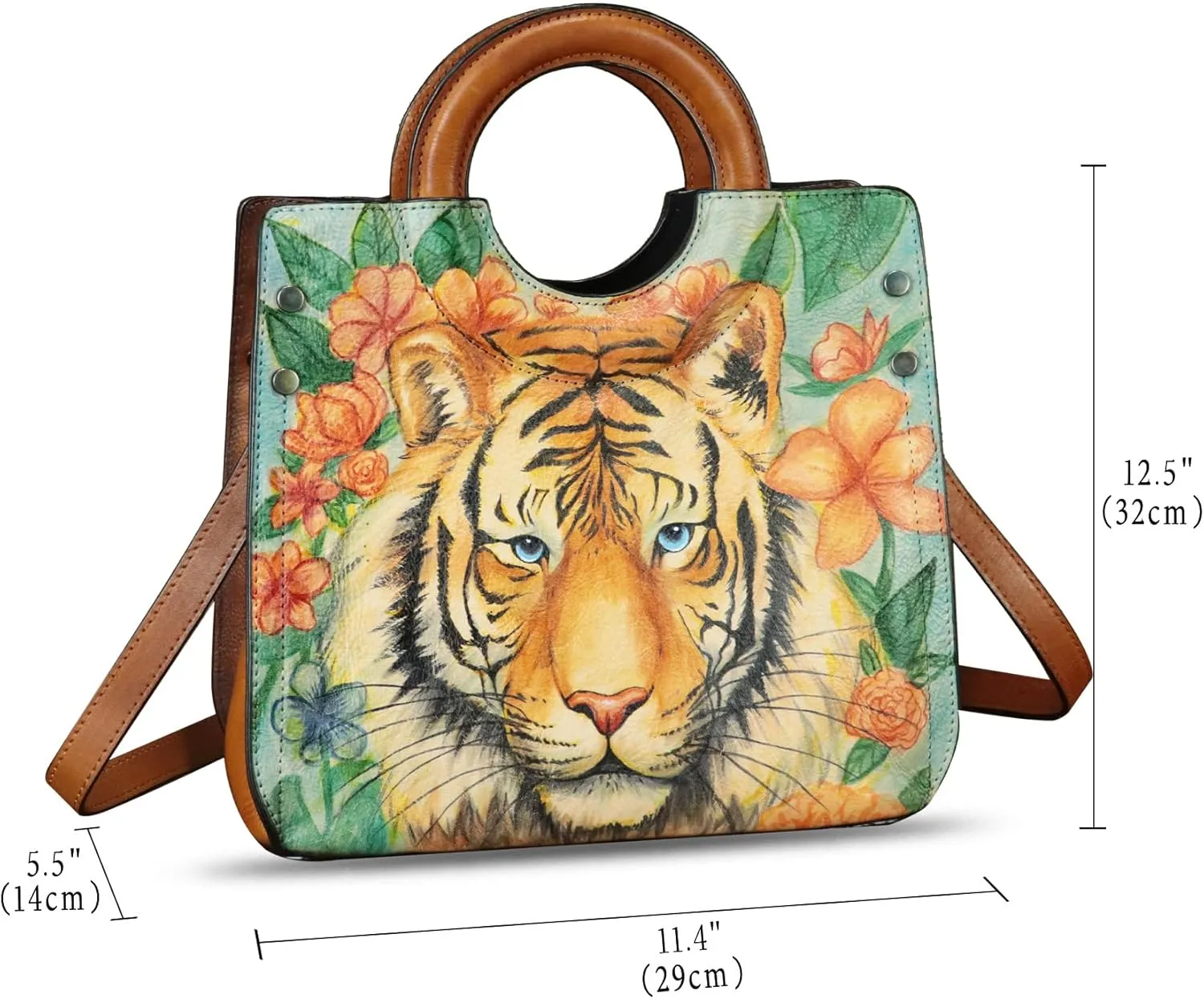 Genuine Leather Tote Bag for Women Hand Painted Leather Shoulder Handbag Handmade Purse Crossbody Work Tote Casual Purse