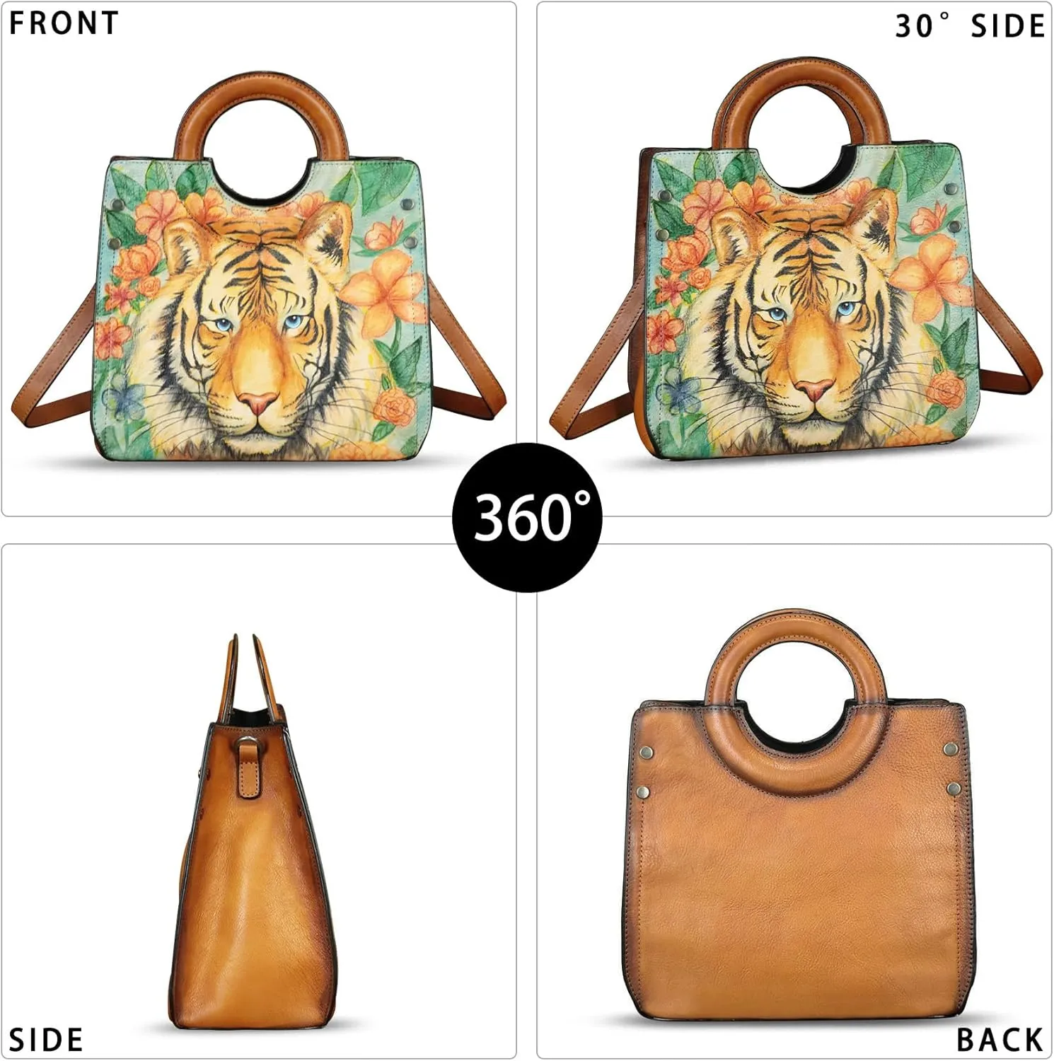 Genuine Leather Tote Bag for Women Hand Painted Leather Shoulder Handbag Handmade Purse Crossbody Work Tote Casual Purse