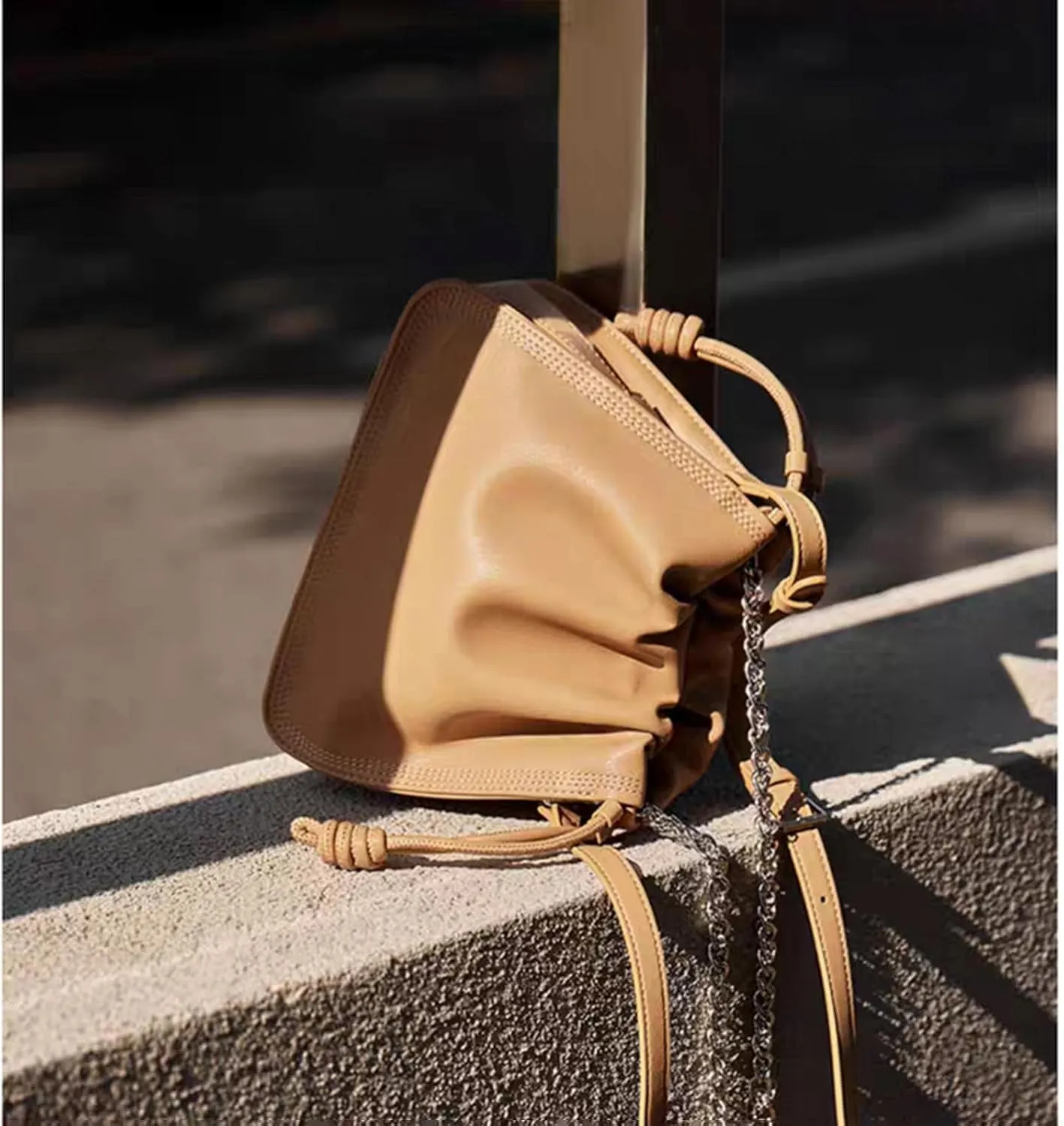 Genuine Shoulder Bag for Women,Soft Leather Ruched cloud crossbody bag,with chain handle handbag,purse.