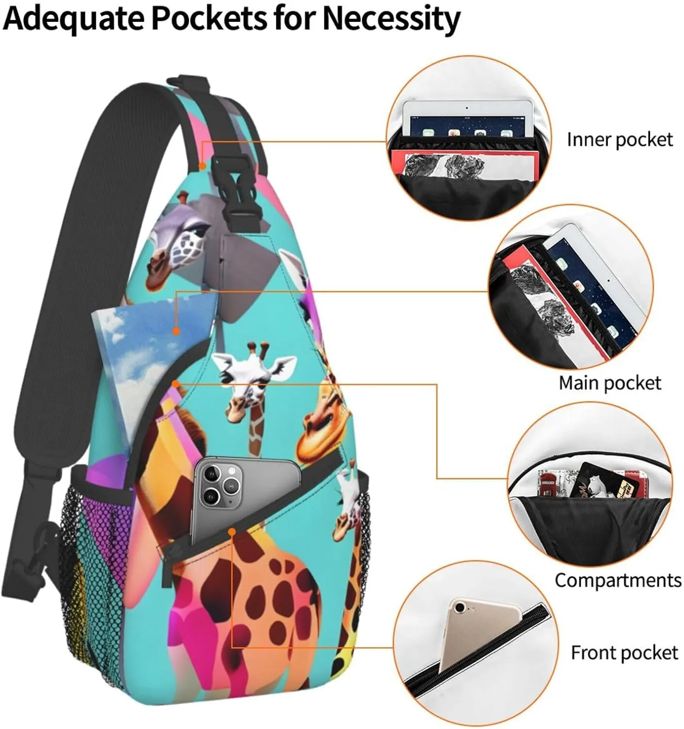 GeRRiT Colorful Giraffe Fans Lovers Print Small Backpack Sling Bag For Women Men, Chest Bag Daypack Crossbody For Travel Sport