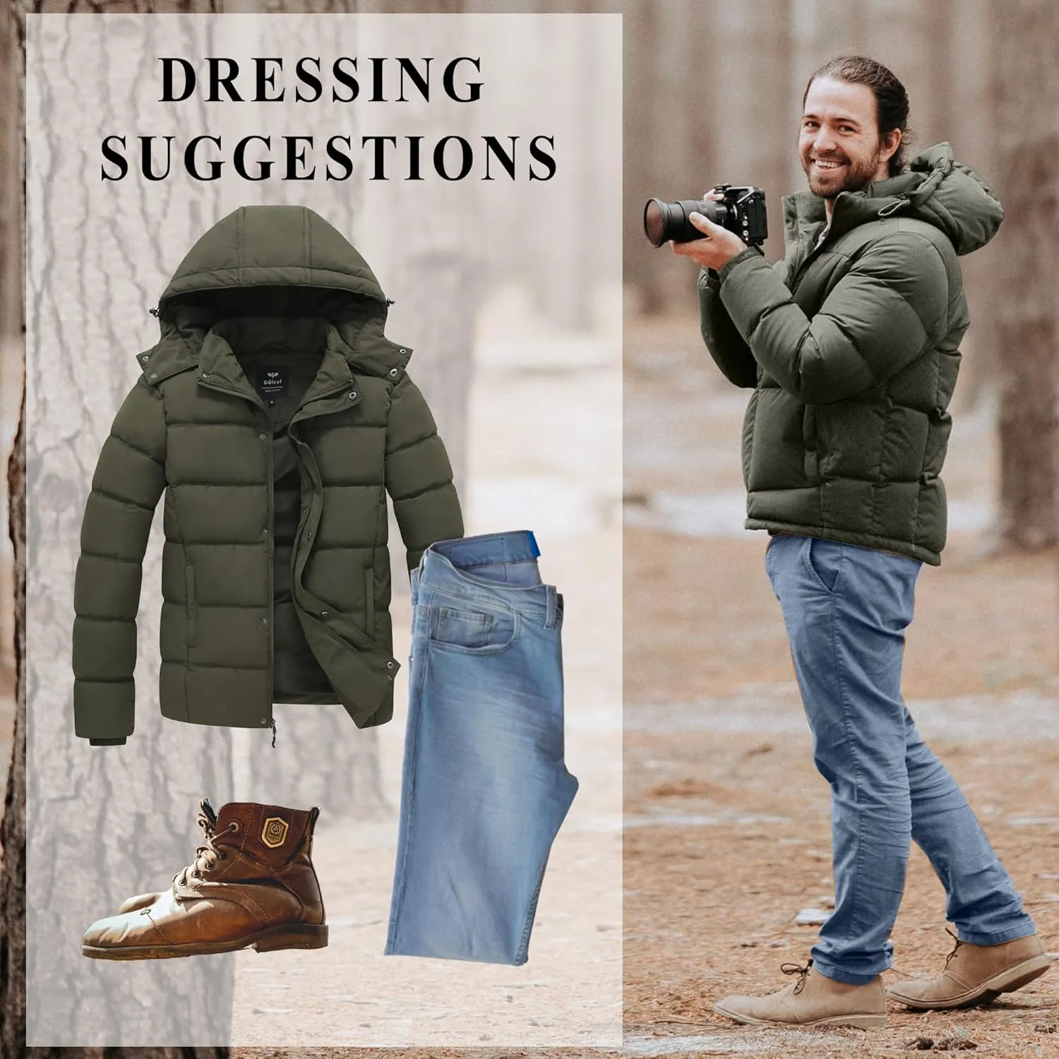 GGleaf Men's Hooded Winter Coat Warm Puffer Jacket Thicken Quilted Jacket