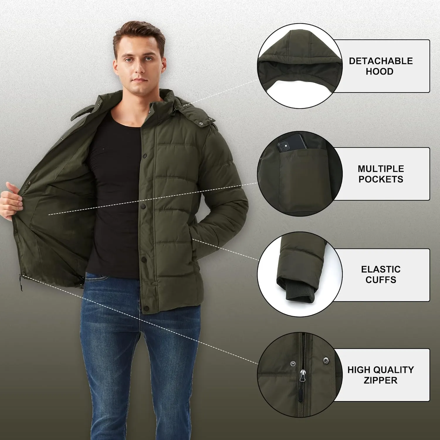 GGleaf Men's Hooded Winter Coat Warm Puffer Jacket Thicken Quilted Jacket