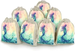GHBNK Beautiful Mermaid Tail Burlap Bags 8PC Drawstring Bags Small Burlap Gift Pouches for Jewelry,Travel Storage