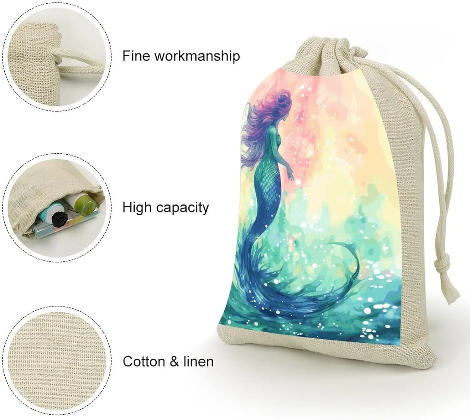 GHBNK Beautiful Mermaid Tail Burlap Bags 8PC Drawstring Bags Small Burlap Gift Pouches for Jewelry,Travel Storage