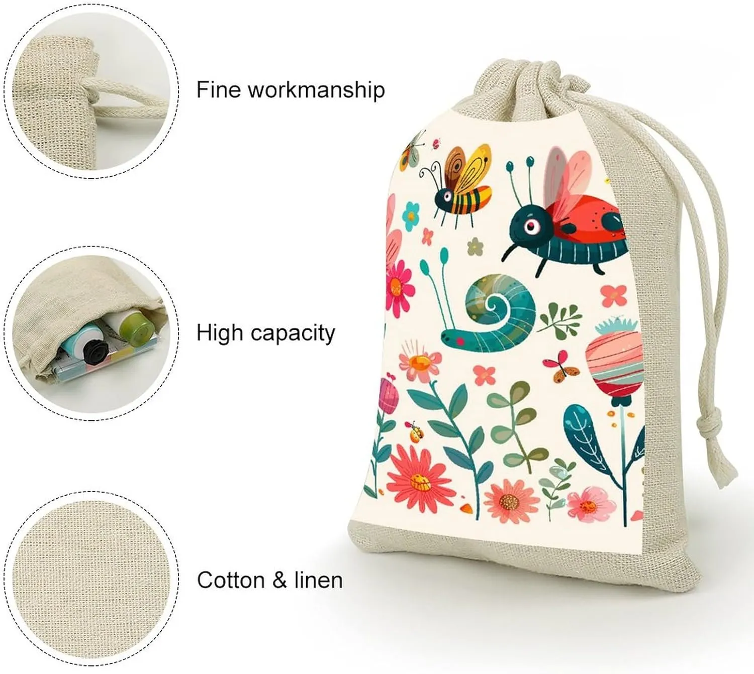 GHBNK Cartoon Small Insect Burlap Bags 8PC Drawstring Bags Small Burlap Gift Pouches for Jewelry,Travel Storage