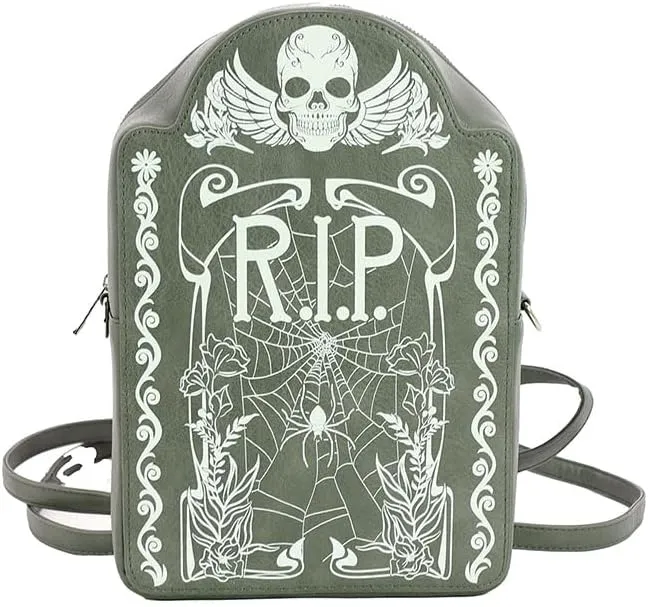 Glow in the Dark RIP Tombstone Convertible Mini Backpack (Grey)