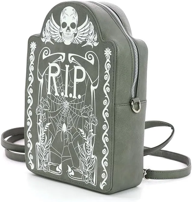 Glow in the Dark RIP Tombstone Convertible Mini Backpack (Grey)