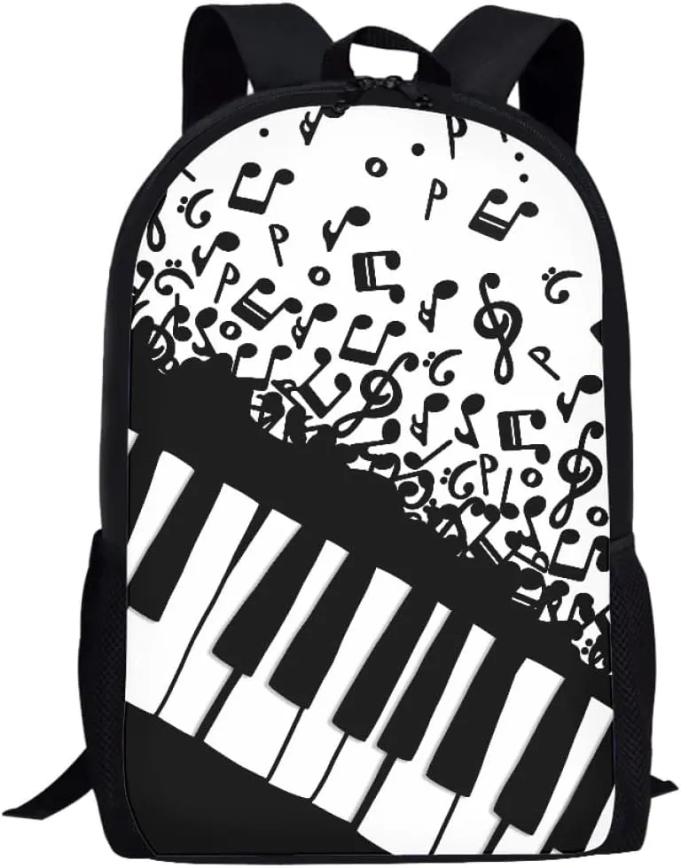 GLUDEAR Canvas Backpack Cute Black White Piano Keys Print Lightweight Teen Girls Backpacks School Book Bags,Music Notation