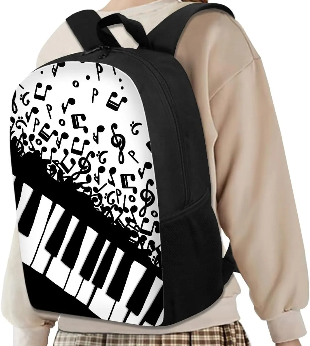GLUDEAR Canvas Backpack Cute Black White Piano Keys Print Lightweight Teen Girls Backpacks School Book Bags,Music Notation