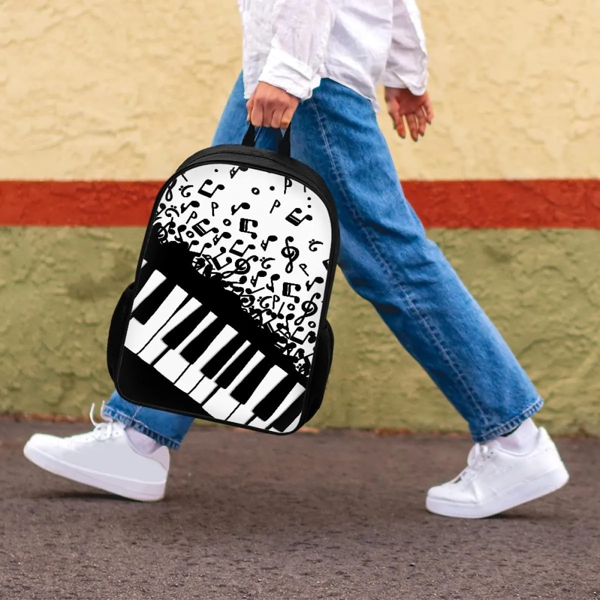 GLUDEAR Canvas Backpack Cute Black White Piano Keys Print Lightweight Teen Girls Backpacks School Book Bags,Music Notation