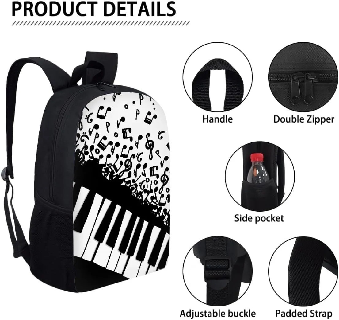 GLUDEAR Canvas Backpack Cute Black White Piano Keys Print Lightweight Teen Girls Backpacks School Book Bags,Music Notation