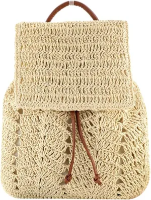 Goclothod Fashion Straw Backpack for Women Drawstring Shoulder Bag Bohemian Beach Handbags