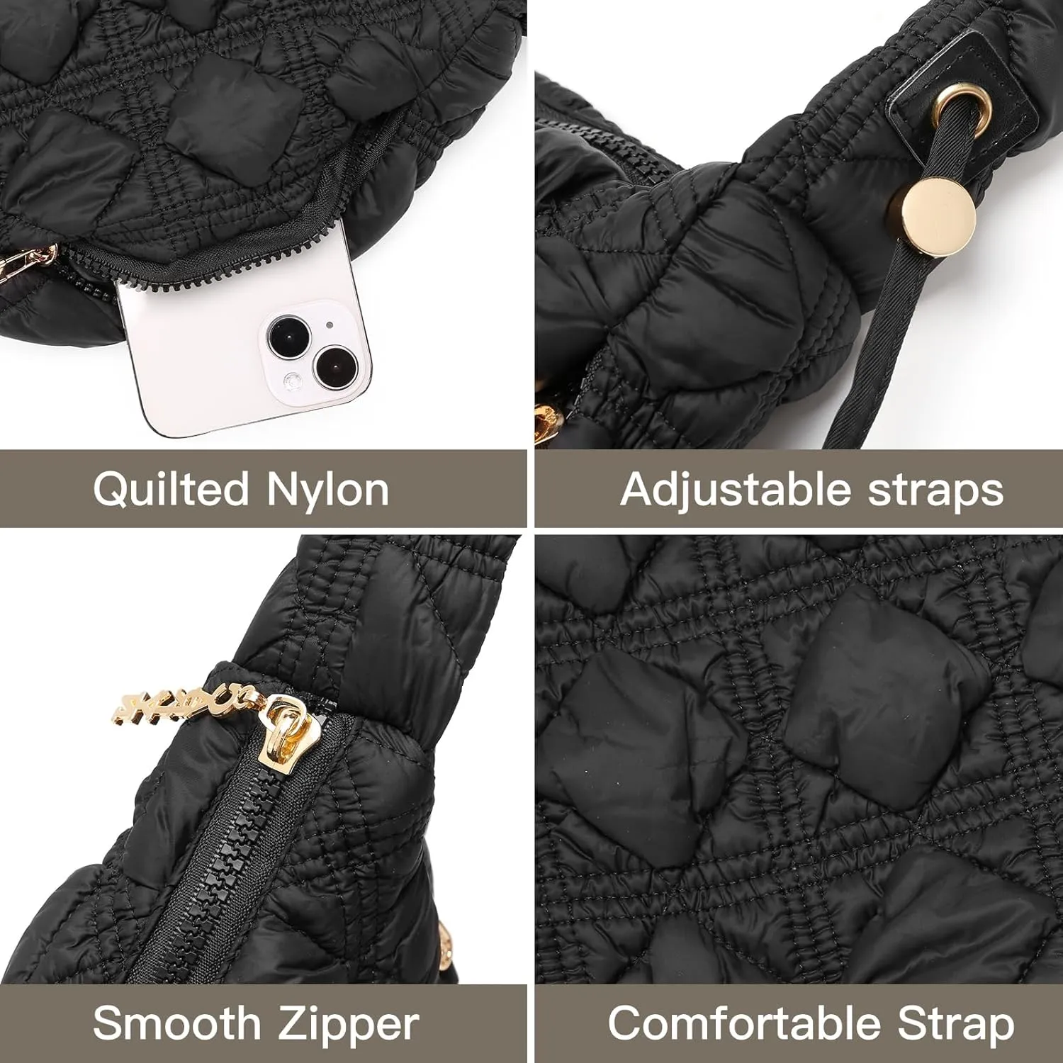 GOIACII Women Crossbody Shoulder Bag with Zipper, Nylon Quilted Puffer Hobo Bag for Women