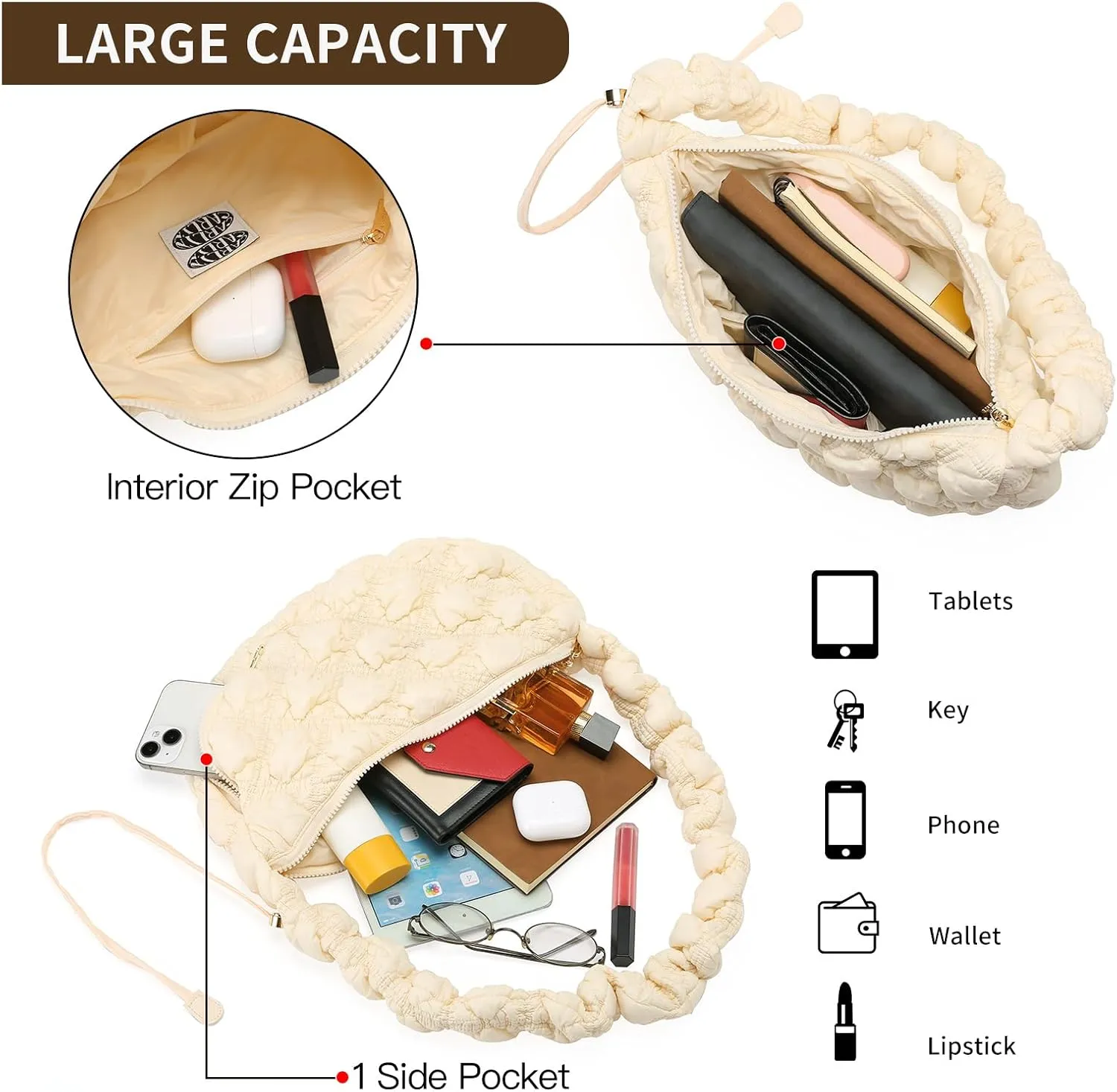 GOIACII Women Crossbody Shoulder Bag with Zipper, Nylon Quilted Puffer Hobo Bag for Women