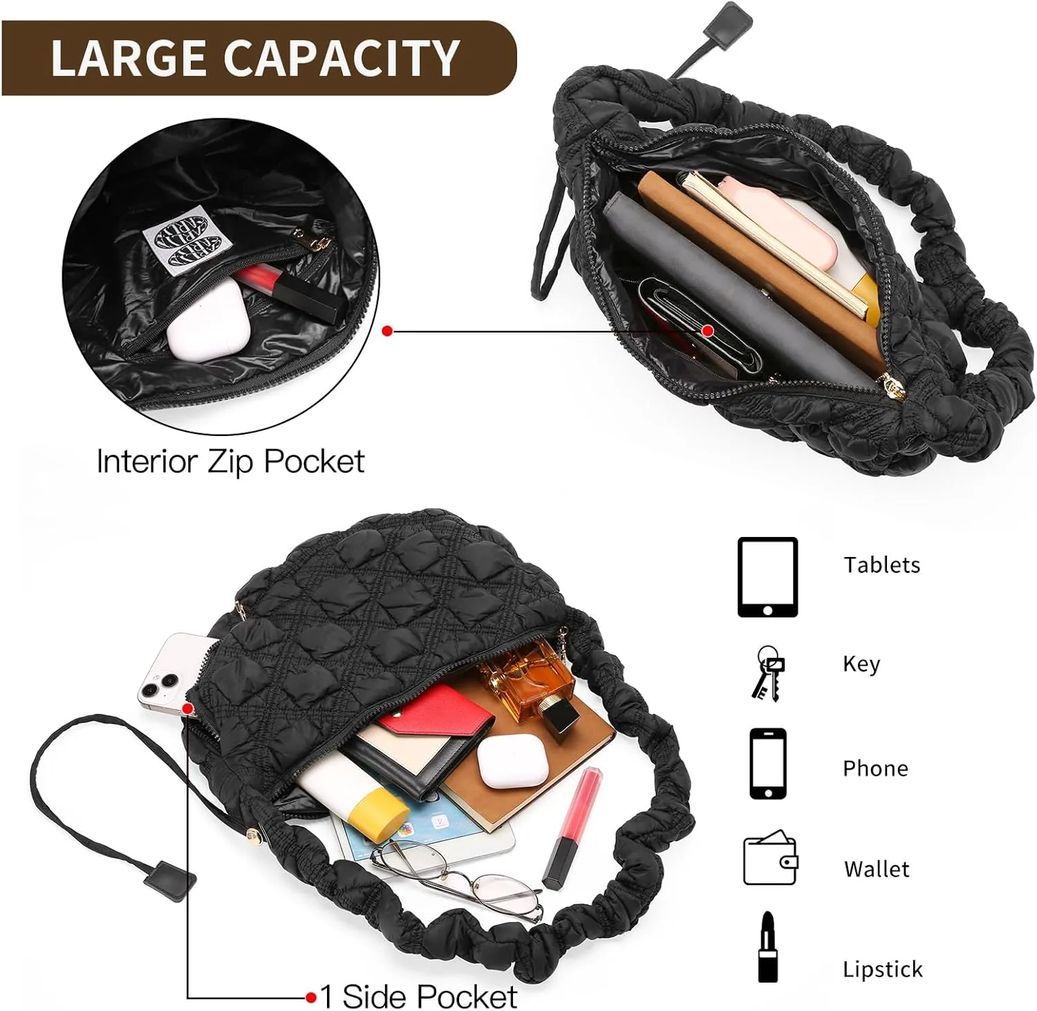 GOIACII Women Crossbody Shoulder Bag with Zipper, Nylon Quilted Puffer Hobo Bag for Women