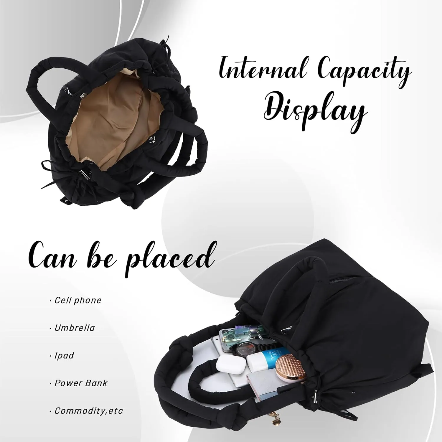 GOKTOW Large Puffer Tote Bag for Women,Quilted Purse Soft Trendy Lightweight Backpack Shoulder Hobo Bag with Drawstring