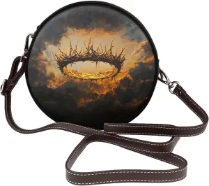Golden Crown With A Crown Of Thorns Women Round Crossbody Bags Leather Sling Bag Purse