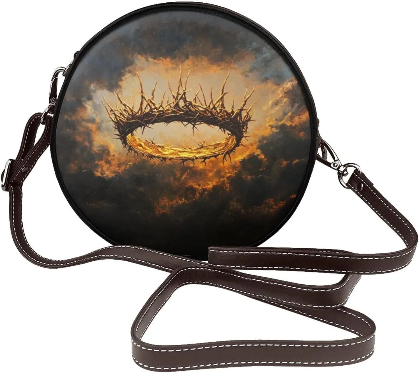 Golden Crown With A Crown Of Thorns Women Round Crossbody Bags Leather Sling Bag Purse