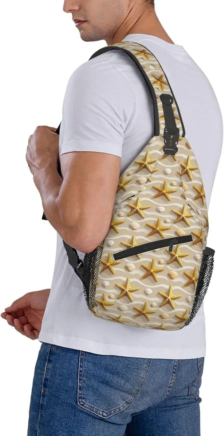 Golden Starfish Beach Crossbody Bags Cross Chest Bag Adjustable Sling Backpack for Women Men