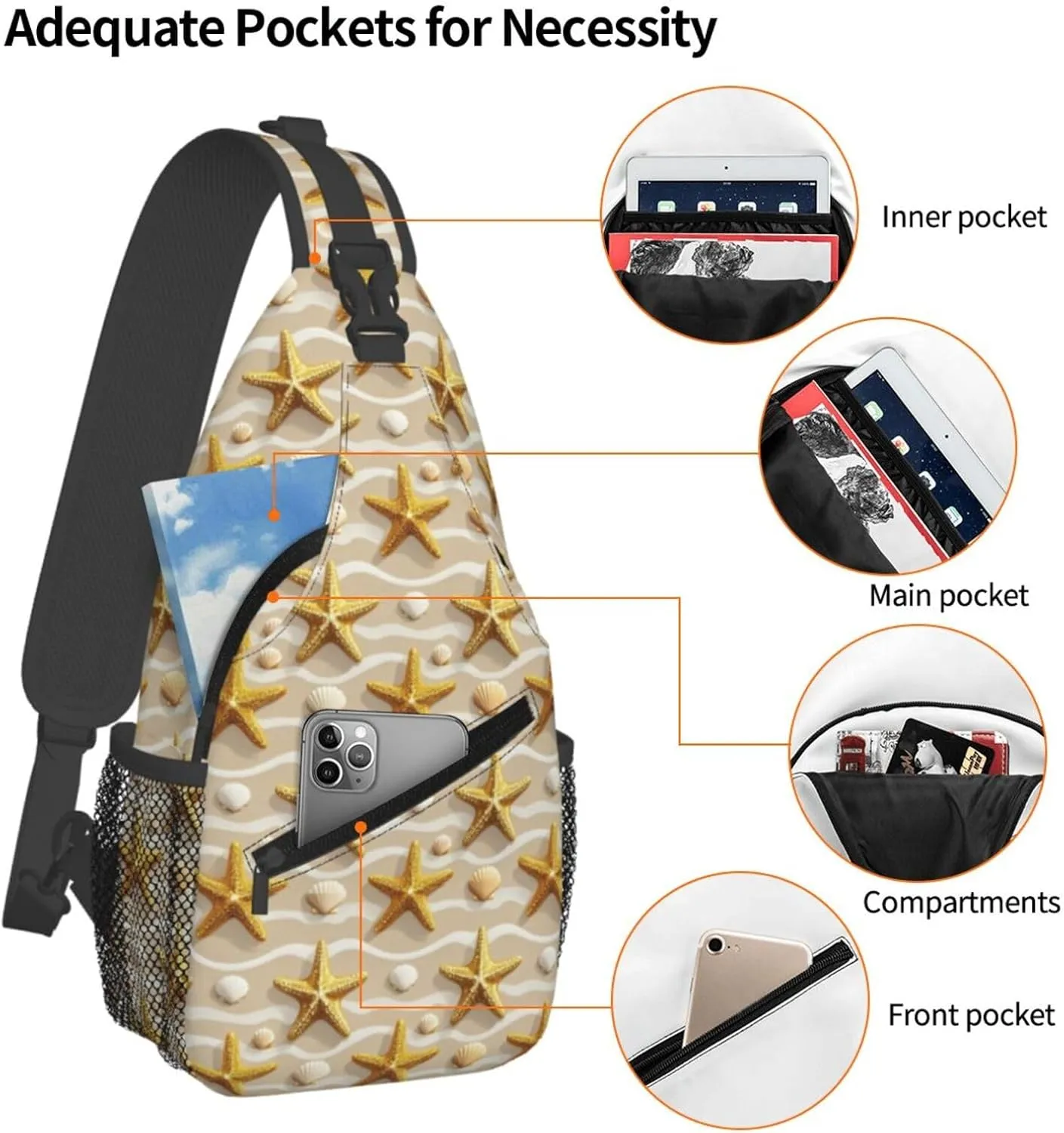 Golden Starfish Beach Crossbody Bags Cross Chest Bag Adjustable Sling Backpack for Women Men