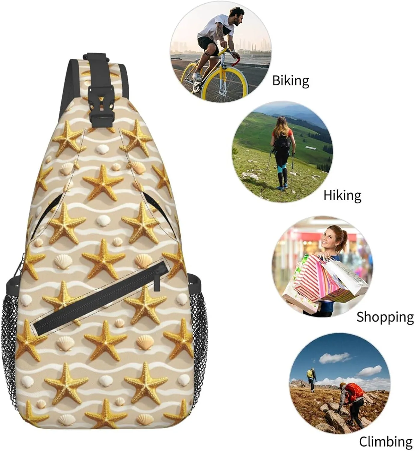 Golden Starfish Beach Crossbody Bags Cross Chest Bag Adjustable Sling Backpack for Women Men
