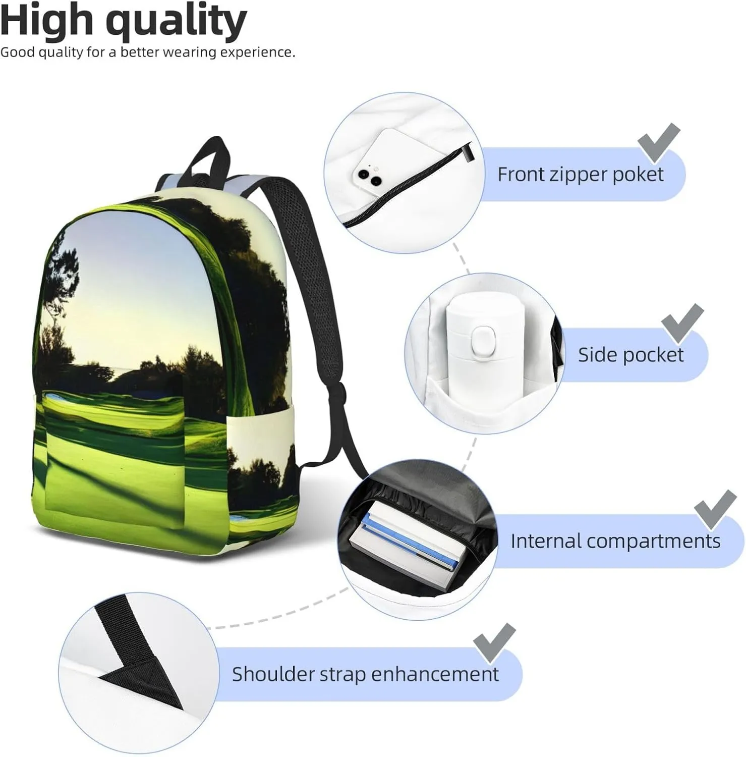 Golf Course Print Laptop Backpack For Women Travel Canvas Bookbag For Men Outdoor Fashion Casual Daypack