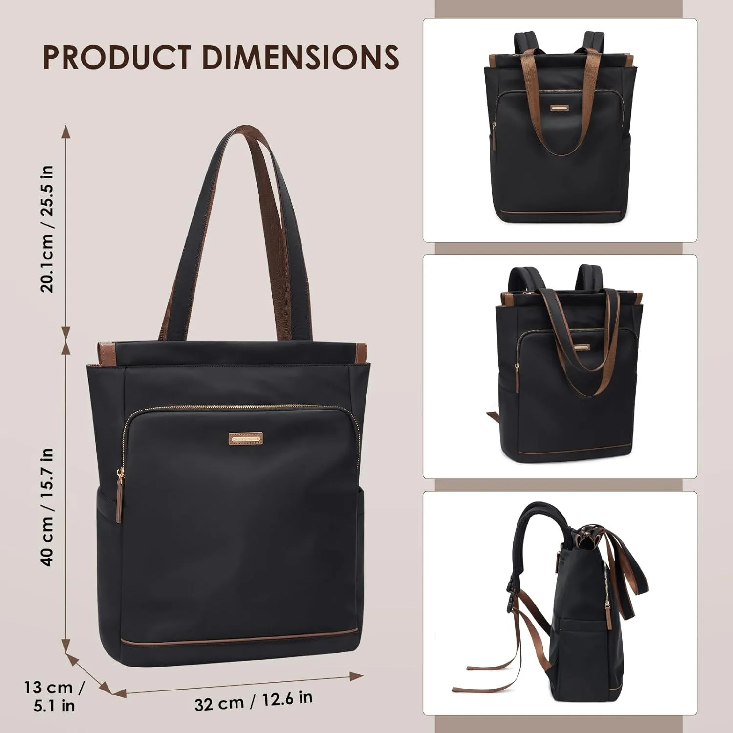 GOLF SUPAGS Convertible Laptop Backpack for Women Casual Daypack Notebook Tote Bag for Work College Travel Leisure (Black)
