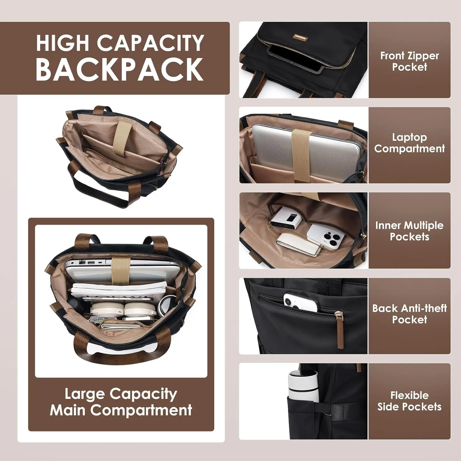 GOLF SUPAGS Convertible Laptop Backpack for Women Casual Daypack Notebook Tote Bag for Work College Travel Leisure (Black)