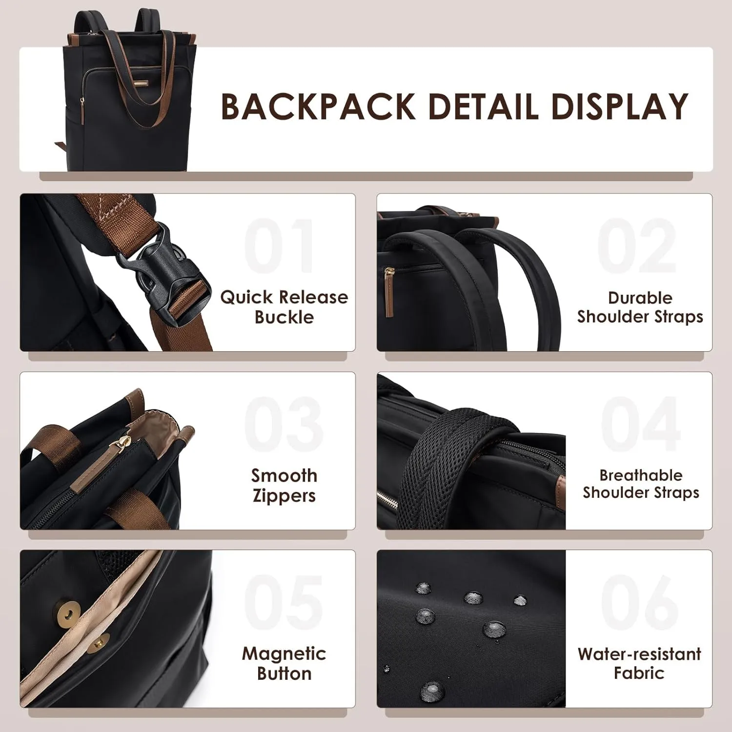 GOLF SUPAGS Convertible Laptop Backpack for Women Casual Daypack Notebook Tote Bag for Work College Travel Leisure (Black)