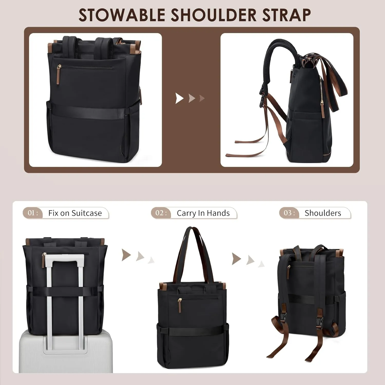 GOLF SUPAGS Convertible Laptop Backpack for Women Casual Daypack Notebook Tote Bag for Work College Travel Leisure (Black)