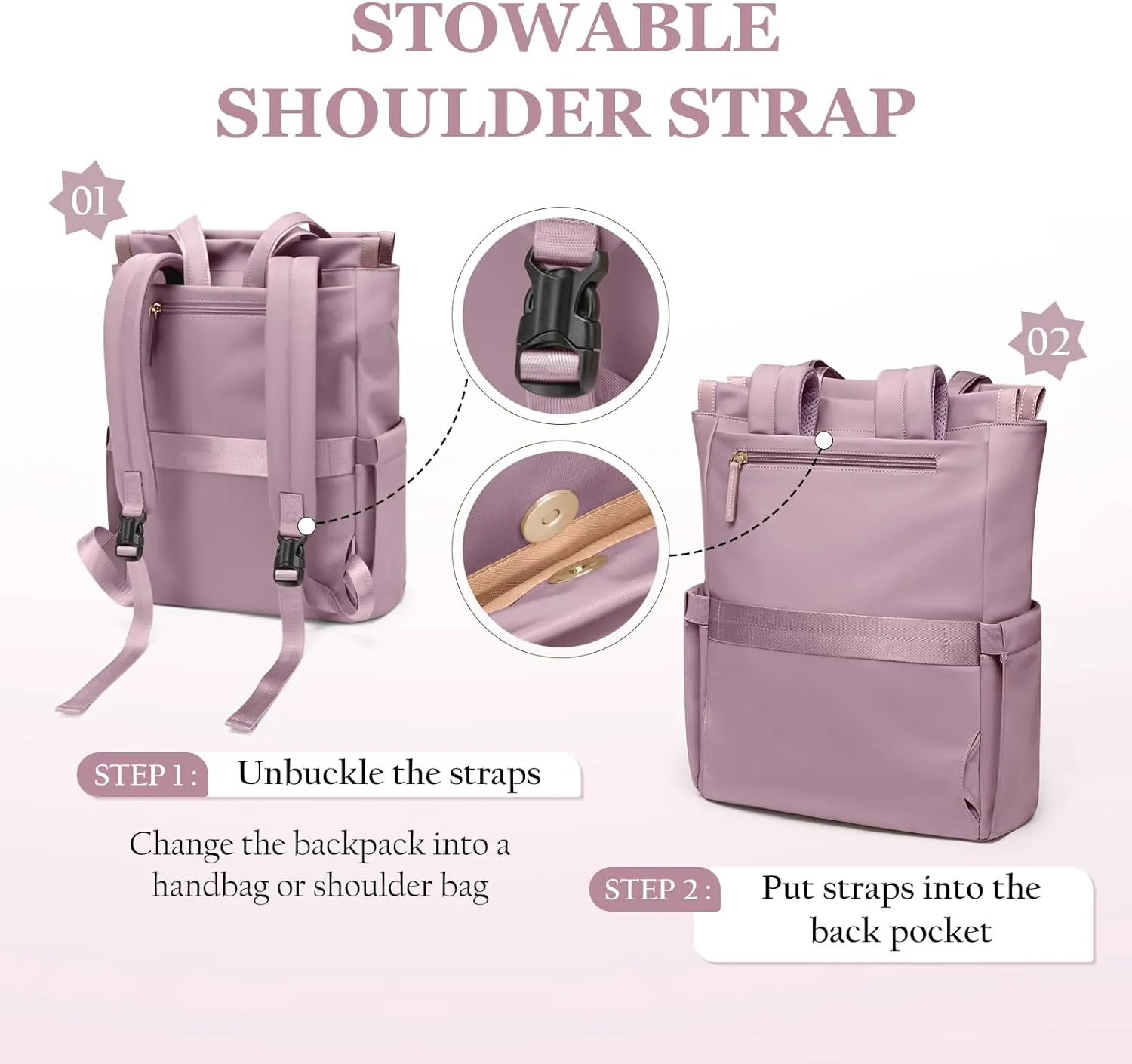 GOLF SUPAGS Convertible Laptop Backpack for Women Casual Daypack Notebook Tote Bag for Work College Travel Leisure (Pinkish Purple)