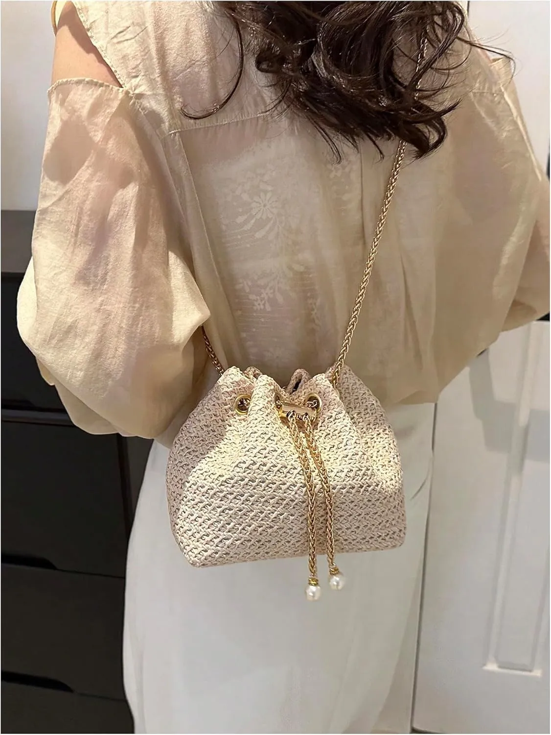 GORGLITTER Women's Pearl Decor Drawstring Crossbody Bag Chain Mini Bucket Handbags