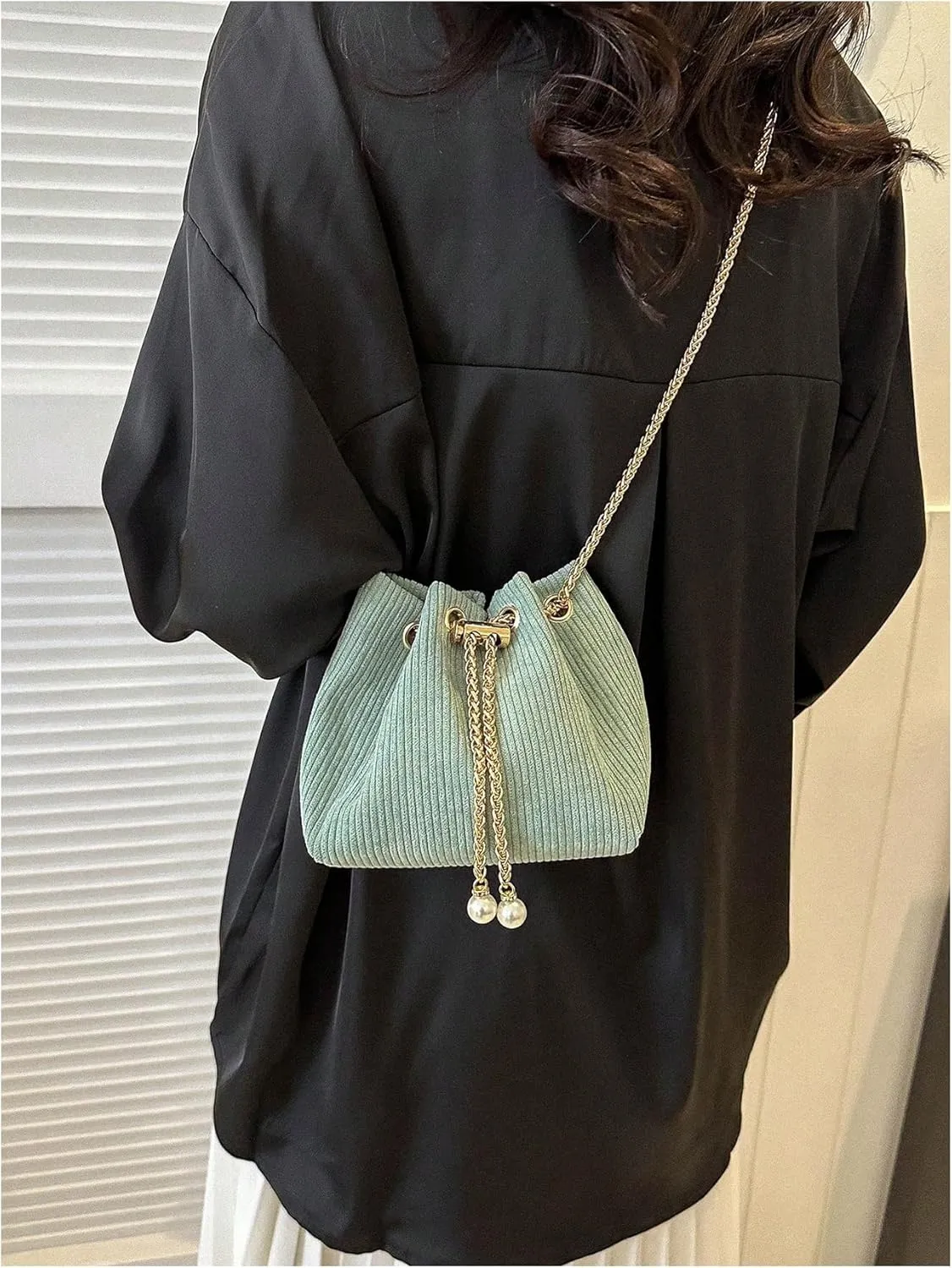 GORGLITTER Women's Pearl Decor Drawstring Crossbody Bag Chain Mini Bucket Handbags