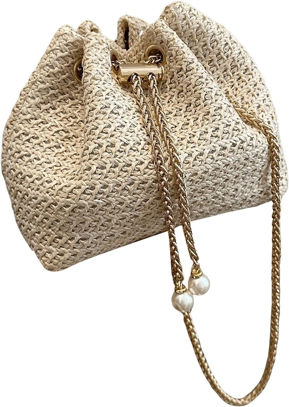 GORGLITTER Women's Pearl Decor Drawstring Crossbody Bag Chain Mini Bucket Handbags