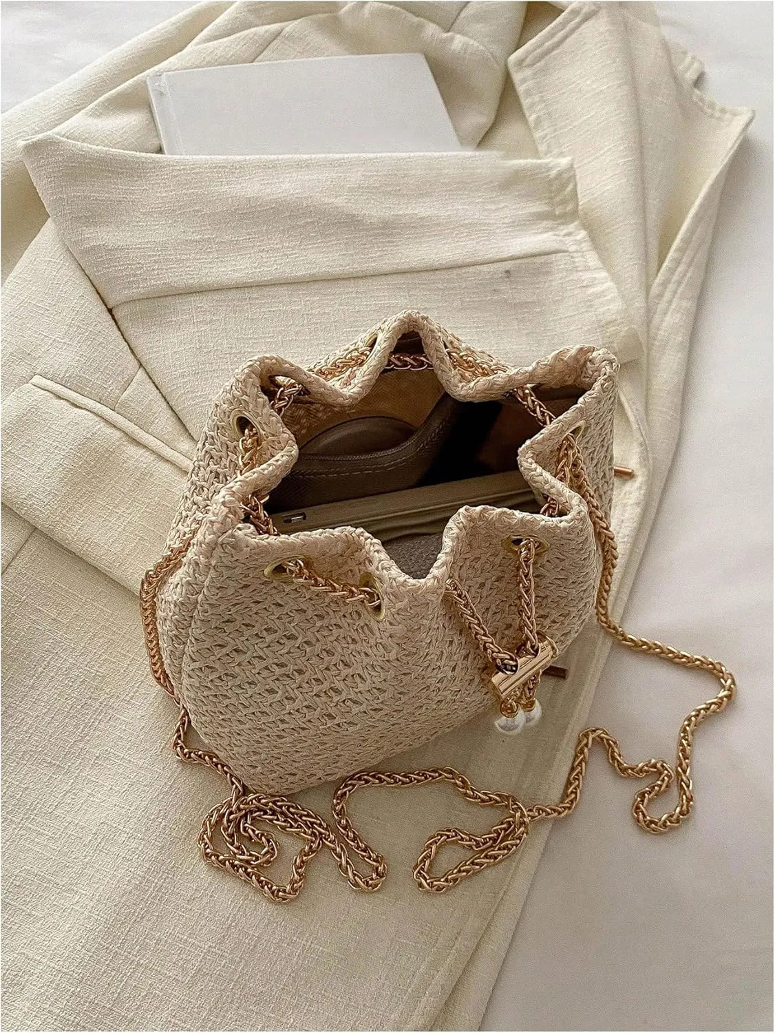GORGLITTER Women's Pearl Decor Drawstring Crossbody Bag Chain Mini Bucket Handbags