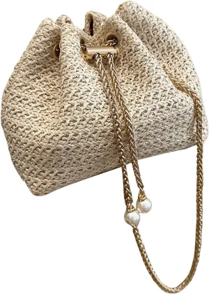 GORGLITTER Women's Pearl Decor Drawstring Crossbody Bag Chain Mini Bucket Handbags