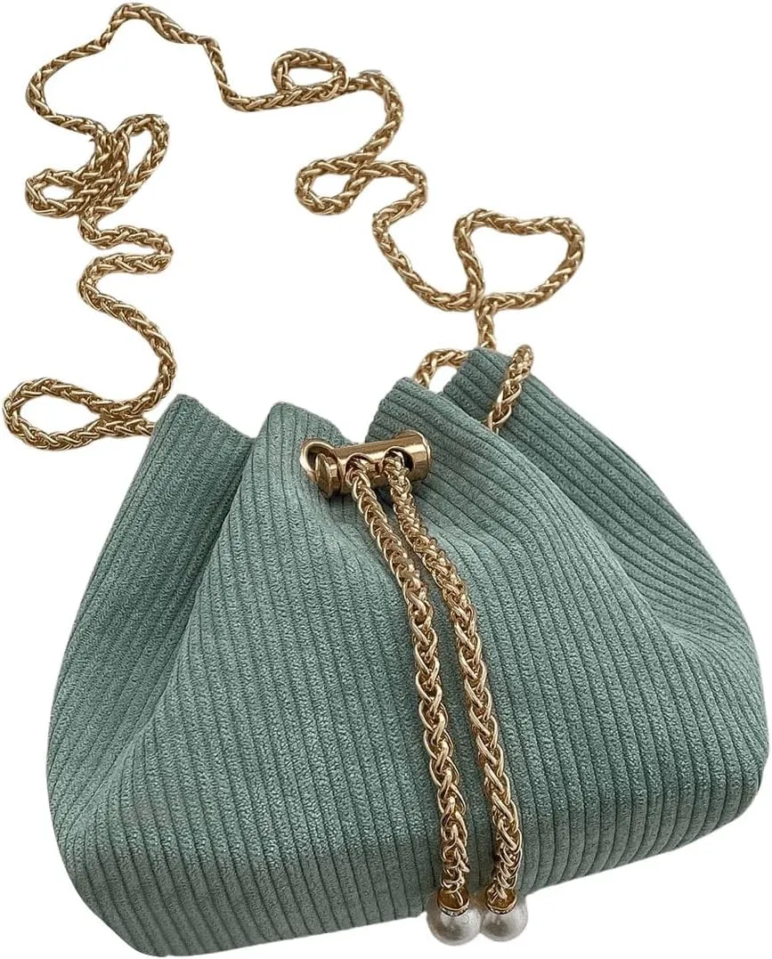 GORGLITTER Women's Pearl Decor Drawstring Crossbody Bag Chain Mini Bucket Handbags