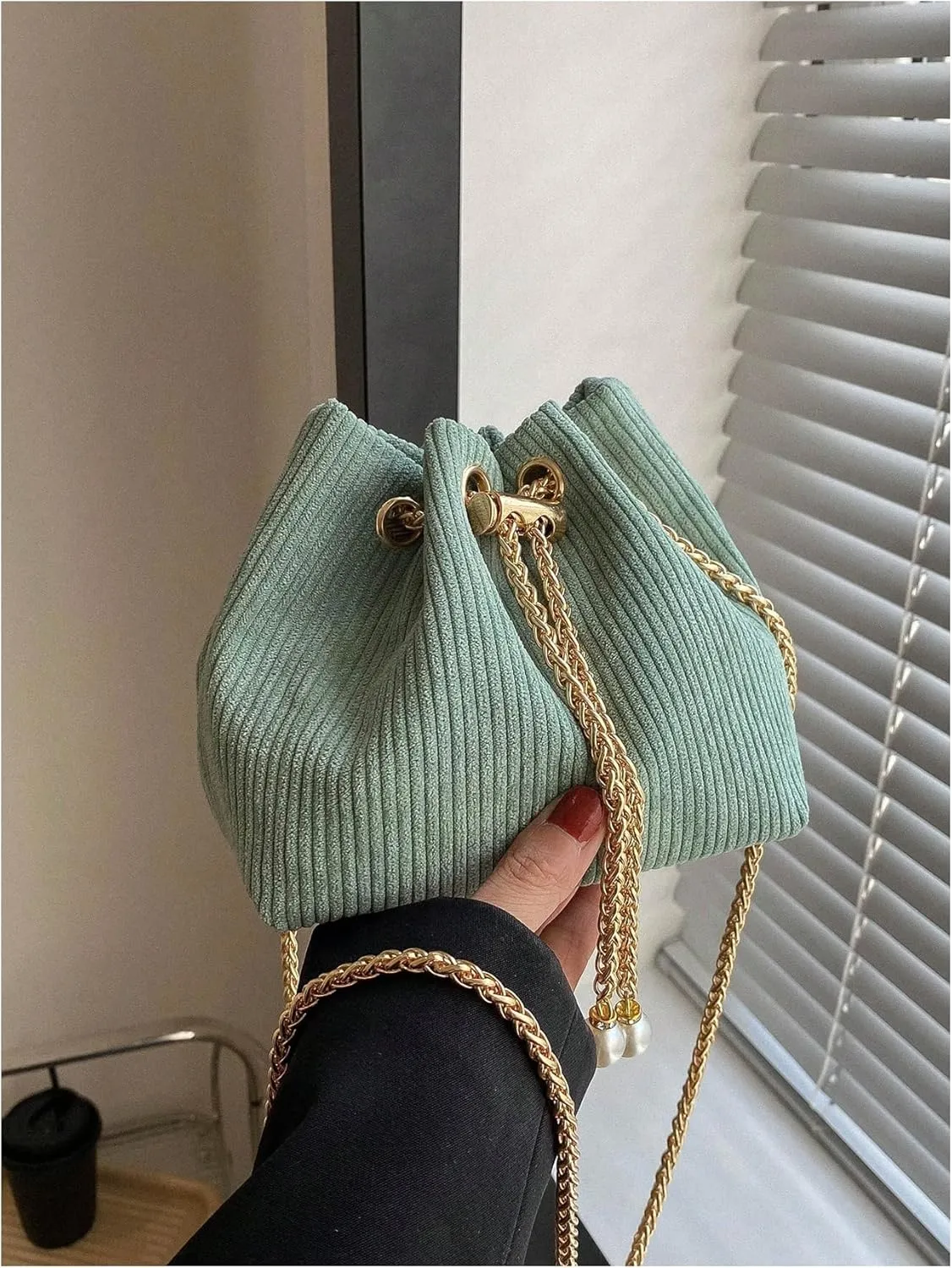 GORGLITTER Women's Pearl Decor Drawstring Crossbody Bag Chain Mini Bucket Handbags